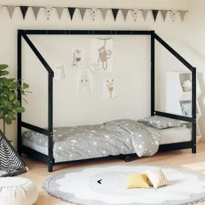 Cadru pat pentru copii, negru, 90×200 cm, lemn masiv de pin
