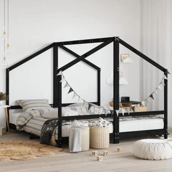 Cadru de pat pentru copii negru 2x(90×200) cm lemn masiv de pin