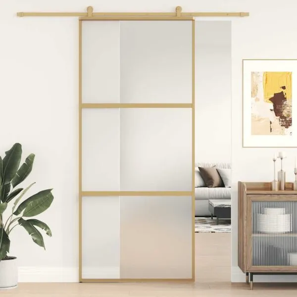 Ușă glisantă, auriu, 90×205 cm, sticlă ESG mată și aluminiu