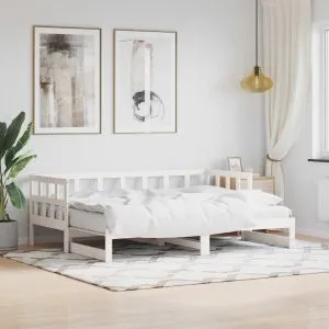 Pat de zi cu extensie, alb, 80×200 cm, lemn masiv de pin