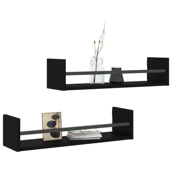 Rafturi de perete cu bare, 2 buc, negru, 60x16x14 cm