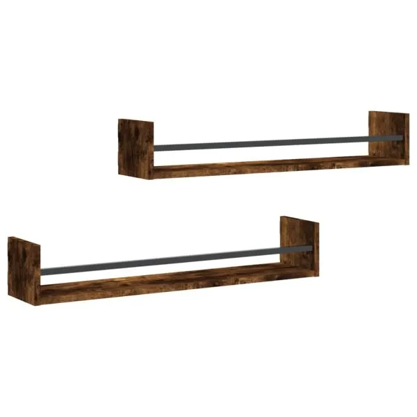 Rafturi de perete cu bare, 2 buc, stejar afumat, 80x16x14 cm