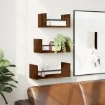 Set rafturi de perete cu bare, 3 buc., maro, lemn prelucrat