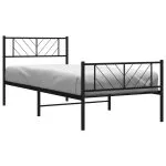 Cadru pat metalic cu tăblii de cap/picioare, negru, 75×190 cm