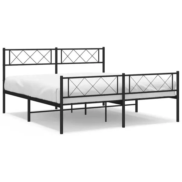 Cadru pat metalic cu tăblie de cap/picioare, negru, 150×200 cm