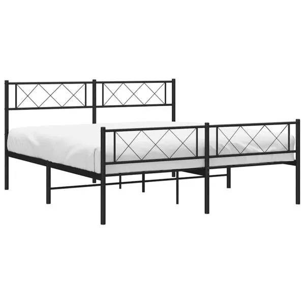 Cadru pat metalic cu tăblie de cap/picioare, negru, 150×200 cm