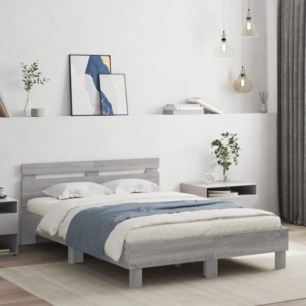 Cadru de pat cu tăblie și LED, gri sonoma, 120×190 cm