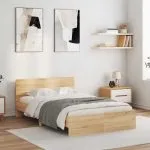 Cadru de pat cu tăblie și LED, stejar sonoma, 140×190 cm