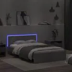 Cadru de pat cu tăblie și LED, gri beton, 135×190 cm