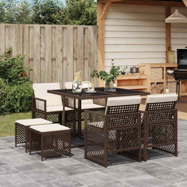 Set mobilier de grădină cu perne, 9 piese, maro, poliratan