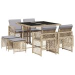 Set de masă pentru grădină, 9 piese, cu perne, bej, poliratan