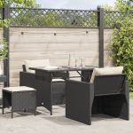 Set mobilier de grădină cu perne, 4 piese, negru, poliratan