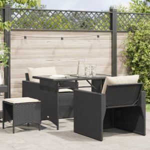 Set mobilier de grădină cu perne, 4 piese, negru, poliratan