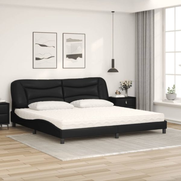 Pat cu saltea, negru, 200×200 cm, piele ecologică