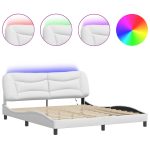 Cadru de pat cu lumini LED, alb, 180×200 cm, piele ecologică