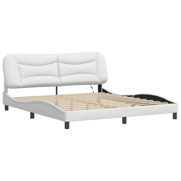 Cadru de pat cu lumini LED, alb, 180×200 cm, piele ecologică