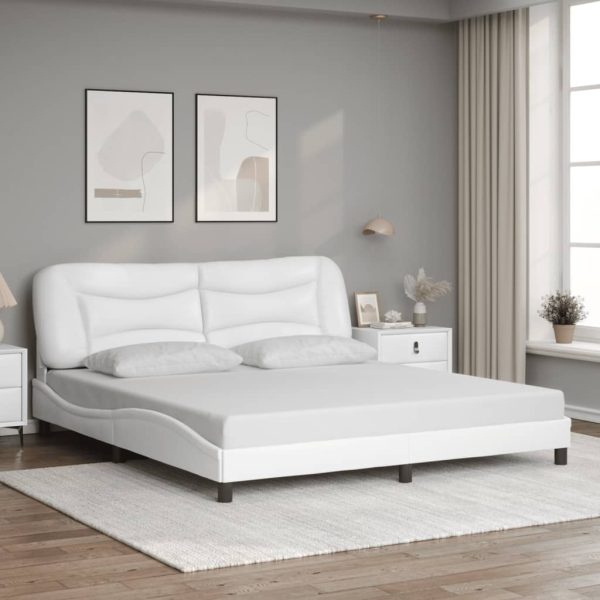 Cadru de pat cu lumini LED, alb, 180×200 cm, piele ecologică