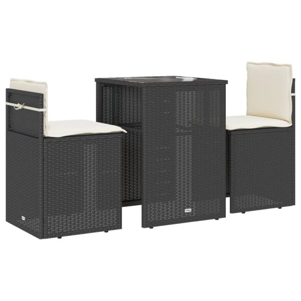 Set bistro cu perne, 3 piese, negru, poliratan