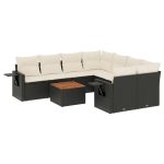 Set mobilier de grădină cu perne, 9 piese, negru, poliratan