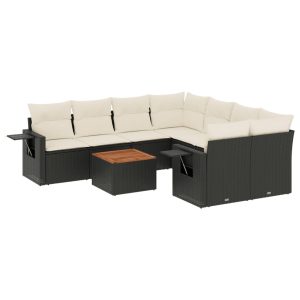 Set mobilier de grădină cu perne, 9 piese, negru, poliratan