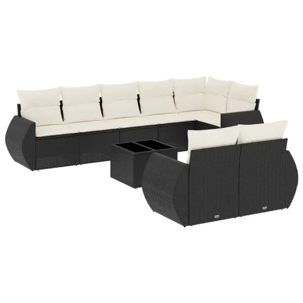 Set mobilier de grădină cu perne, 9 piese, negru, poliratan