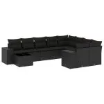 Set canapele de grădină cu perne, 10 piese, negru, poliratan