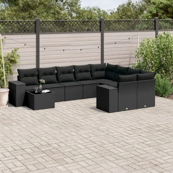 Set canapele de grădină cu perne, 10 piese, negru, poliratan