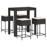 Set mobilier bar de grădină cu perne, 5 piese, negru, poliratan