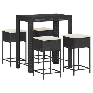 Set mobilier bar de grădină cu perne, 5 piese, negru, poliratan