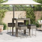 Set mobilier bar de grădină, cu perne, 5 piese, gri, poliratan