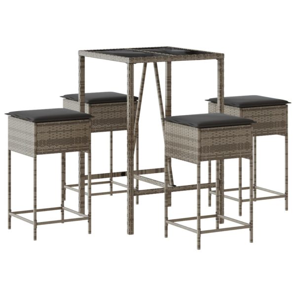Set mobilier bar de grădină, cu perne, 5 piese, gri, poliratan