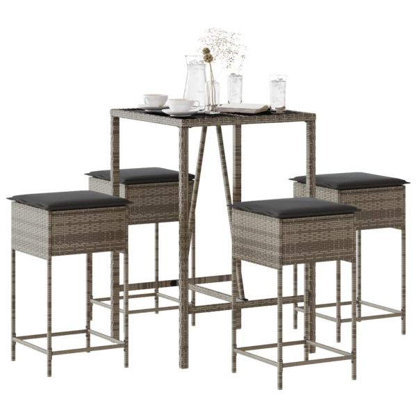 Set mobilier bar de grădină, cu perne, 5 piese, gri, poliratan