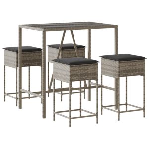 Set mobilier bar de grădină, cu perne, 5 piese, gri, poliratan