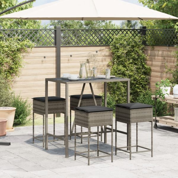 Set mobilier bar de grădină, cu perne, 5 piese, gri, poliratan