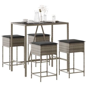 Set mobilier bar de grădină, cu perne, 5 piese, gri, poliratan