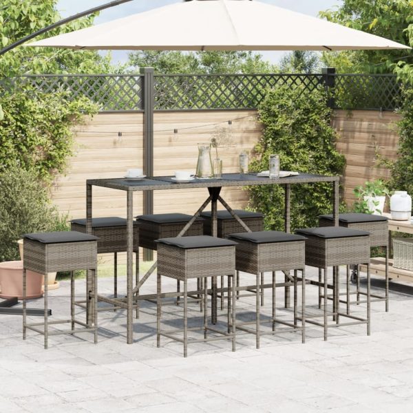 Set mobilier bar de grădină, cu perne, 9 piese, gri, poliratan