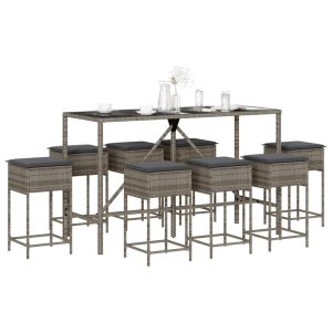 Set mobilier bar de grădină, cu perne, 9 piese, gri, poliratan