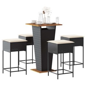 Set mobilier bar de grădină cu perne, 5 piese, negru, poliratan