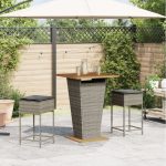 Set mobilier bar de grădină, cu perne, 3 piese, gri, poliratan