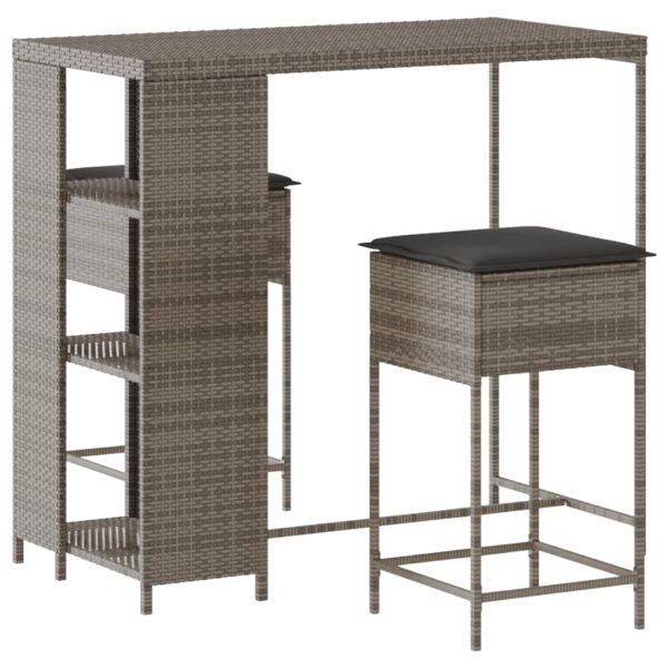 Set mobilier bar de grădină, cu perne, 3 piese, gri, poliratan
