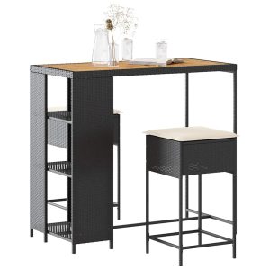 Set mobilier bar de grădină cu perne, 3 piese, negru, poliratan