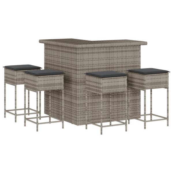 Set mobilier bar de grădină, cu perne, 5 piese, gri, poliratan
