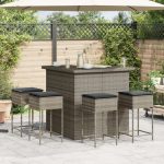 Set mobilier bar de grădină, cu perne, 5 piese, gri, poliratan