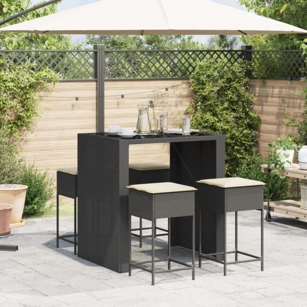 Set mobilier bar de grădină cu perne, 5 piese, negru, poliratan