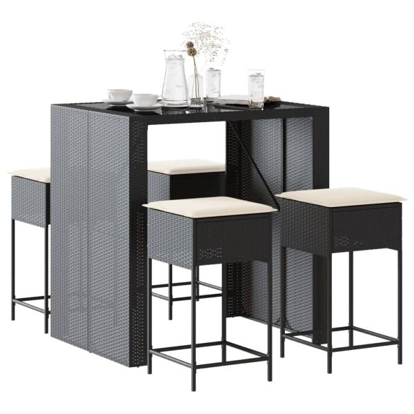Set mobilier bar de grădină cu perne, 5 piese, negru, poliratan