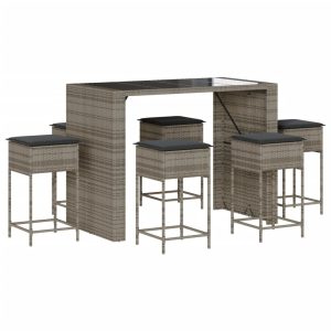 Set mobilier bar de grădină cu perne, 7 piese, gri, poliratan