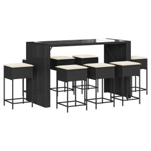 Set mobilier bar de grădină cu perne, 9 piese, negru, poliratan