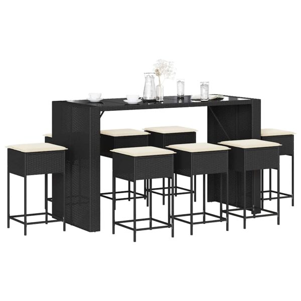 Set mobilier bar de grădină cu perne, 9 piese, negru, poliratan