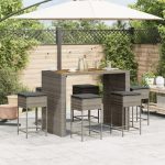 Set mobilier bar de grădină cu perne, 7 piese, gri, poliratan