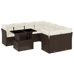 Set canapele de grădină cu perne, 9 piese, maro, poliratan